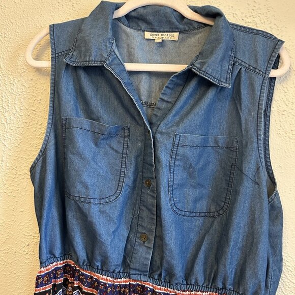 Speed Control 1x Denim Floral Shirt Dress midi Sleeveless Batik Boho Farmhouse - Picture 11 of 11